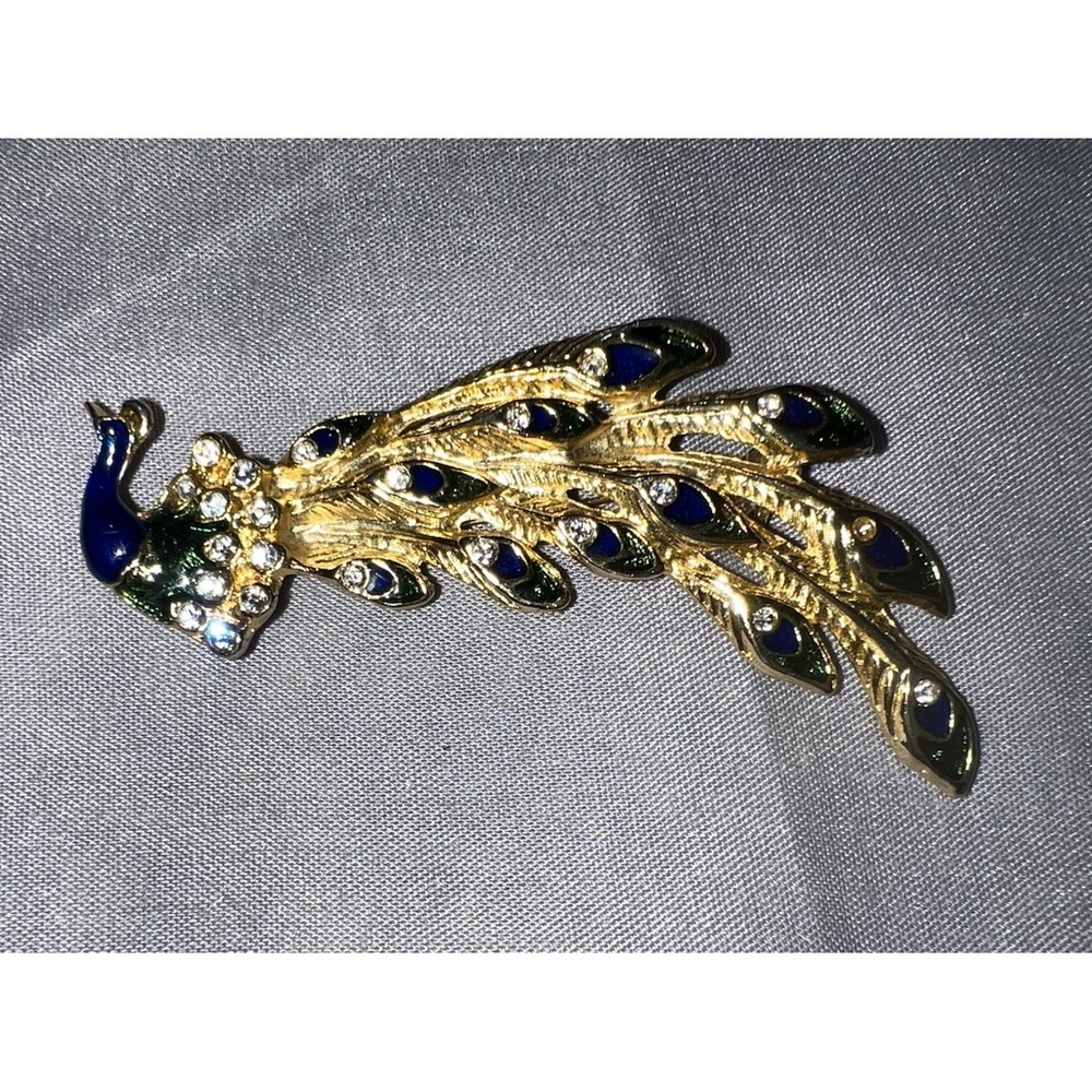 VTG Large‎ Enamel Rhinestone Peacock Brooch Cobolt Blue Green Gold Tone 2.5"